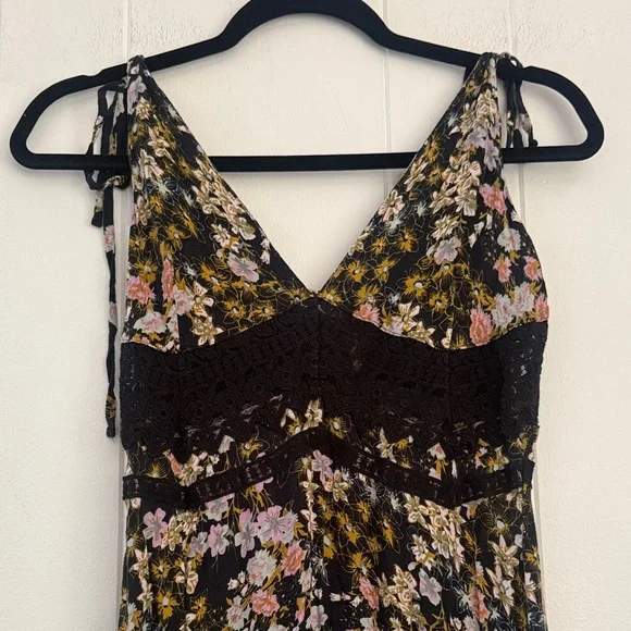 Free People Black Floral Dress boho hippie cottage summer goth resort cover up - Picture 2 of 8